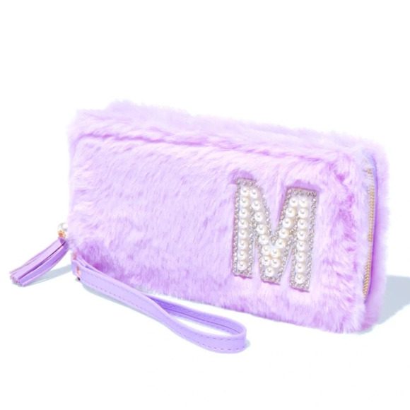 Claire’s Monogram Lavender Furry Clutch with Pearls “M” - Picture 1 of 7